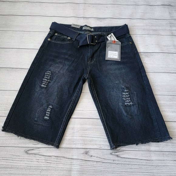 Men's Distressed Dark Blue Wash Denim Shorts Skinny Fit - Picture 1 of 11